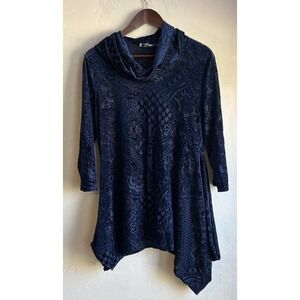 Y2K 90s Midnight Blue Burnout Velvet Asymmetrical Tunic Top M L Cowl Neck